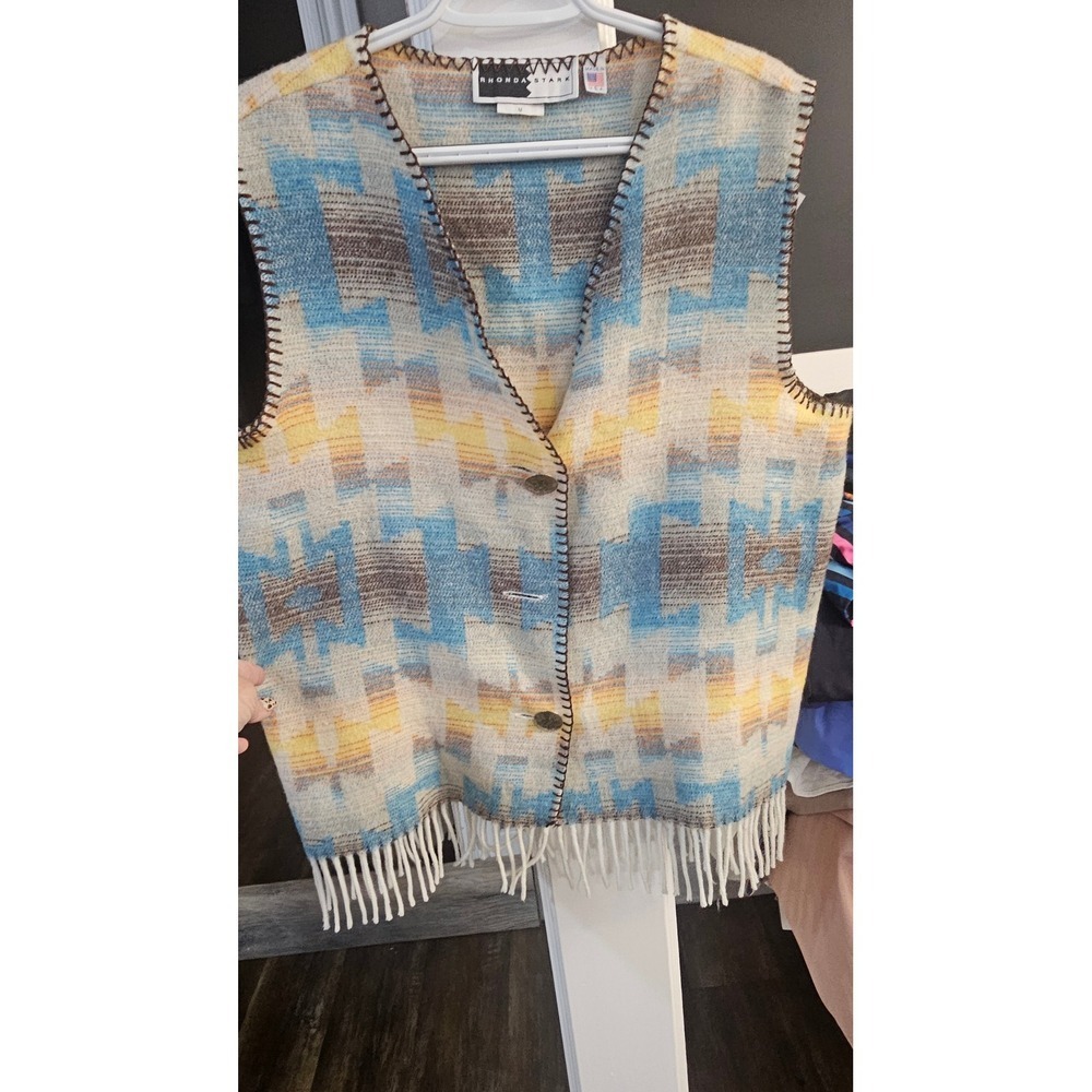 Vintage Rhonda Stark Womens Southwestern Aztec Wool Blend Fringe Vest Blue Tan M
